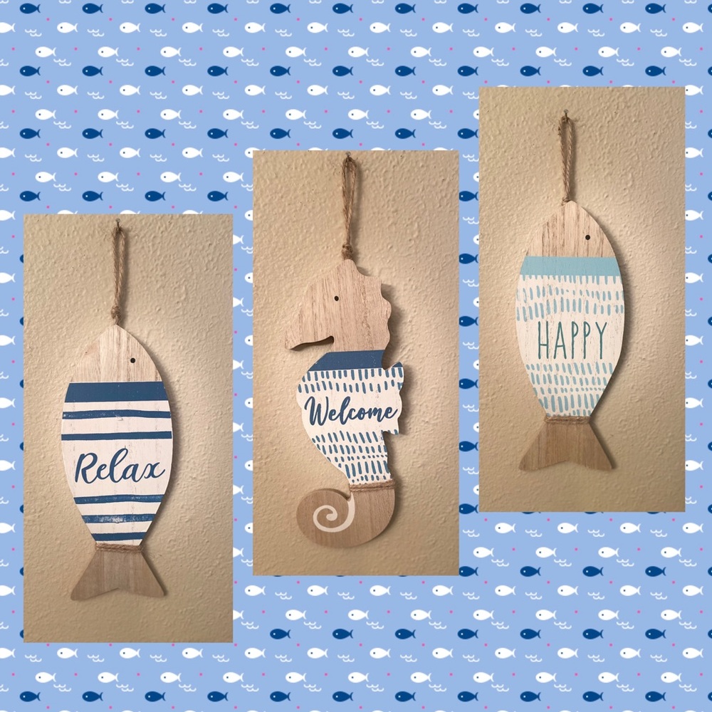 Fish & Seahorse Wood Decor Hanging Wall Signs Set Of 3, Twine Hooks